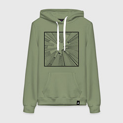 Толстовка-худи хлопковая женская Небоскребы: перспектива города снизу в стиле графи, цвет: авокадо