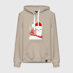 Толстовка-худи хлопковая женская Лама в шапочке и шарфе, цвет: миндальный