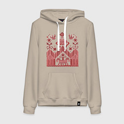 Толстовка-худи хлопковая женская Красные славянская узоры вышивки, цвет: миндальный
