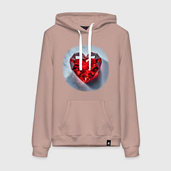 Толстовка-худи хлопковая женская Красное хрустальное сердце на белом фоне, цвет: пыльно-розовый