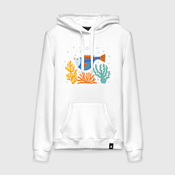 Толстовка-худи хлопковая женская Рыбка в кораллах, цвет: белый
