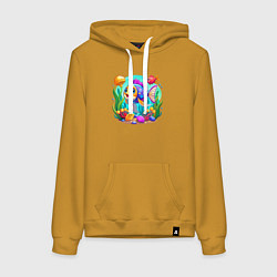 Толстовка-худи хлопковая женская Яркий подводный мир, цвет: горчичный