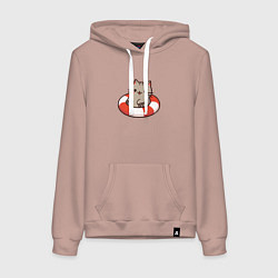 Толстовка-худи хлопковая женская Забавный милый котик плавает в надувном круге, цвет: пыльно-розовый