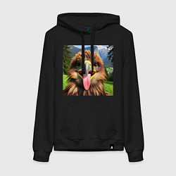 Толстовка-худи хлопковая женская Забавный орел с высунутым языком в горах, цвет: черный