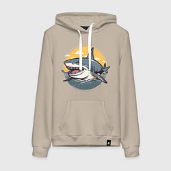Толстовка-худи хлопковая женская Акула в кругу, цвет: миндальный