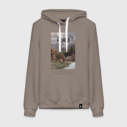 Толстовка-худи хлопковая женская Polina деревушка, цвет: утренний латте