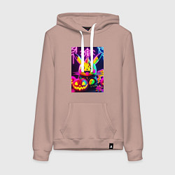 Толстовка-худи хлопковая женская Зомби Пикачу с тыквой - неоновое свечение, цвет: пыльно-розовый