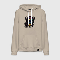 Толстовка-худи хлопковая женская Страшный черный монстрик, цвет: миндальный