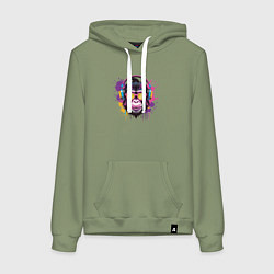 Толстовка-худи хлопковая женская Обезьяна в очках слушает музыку, цвет: авокадо