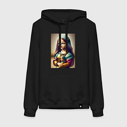 Толстовка-худи хлопковая женская Маленькая Мона Лиза в детстве с куклой - нейроарт, цвет: черный