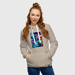 Толстовка-худи хлопковая женская Сказочный дракон на планете неоновых грибов, цвет: миндальный — фото 2