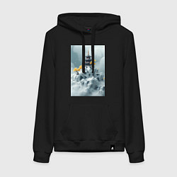 Толстовка-худи хлопковая женская Тихий японский пейзаж, цвет: черный