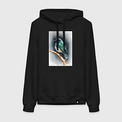 Толстовка-худи хлопковая женская Птичка на ветке, цвет: черный