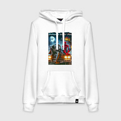 Толстовка-худи хлопковая женская Разговор Бэтмена и человека паука на капоте автомо, цвет: белый