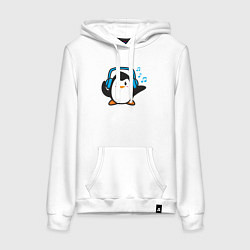 Толстовка-худи хлопковая женская Пингвинчик в наушниках, цвет: белый