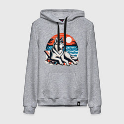 Толстовка-худи хлопковая женская Хаски отдыхает на пляже, цвет: меланж