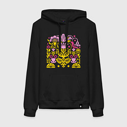 Толстовка-худи хлопковая женская Абстракция с птицей, цвет: черный