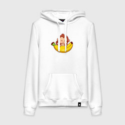 Толстовка-худи хлопковая женская Милая мартышка с бананом, цвет: белый