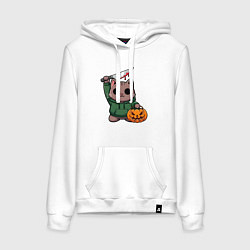Толстовка-худи хлопковая женская Котик с ножом и тыквой, цвет: белый