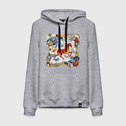 Толстовка-худи хлопковая женская Новый год красной лошади с новогодними шарами, цвет: меланж