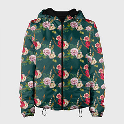 Куртка с капюшоном женская Цветы и бабочки 7, цвет: 3D-черный