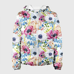 Куртка с капюшоном женская Цветы и бабочки 10, цвет: 3D-белый