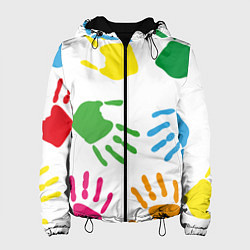 Куртка с капюшоном женская Цветные ладошки - Детский узор, цвет: 3D-черный