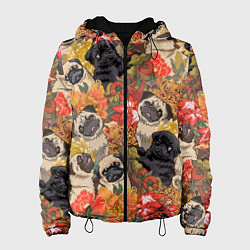 Куртка с капюшоном женская Мопсики Цветочки, цвет: 3D-черный