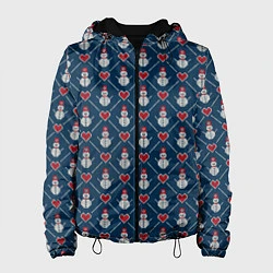 Куртка с капюшоном женская Снеговики с Сердечками, цвет: 3D-черный