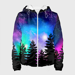 Куртка с капюшоном женская Космический лес, елки и звезды, цвет: 3D-белый