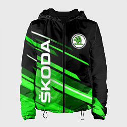 Куртка с капюшоном женская ШКОДА ЧЕРНО ЗЕЛЕНЫЕ ПОЛОСЫ, цвет: 3D-черный