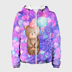 Куртка с капюшоном женская День Рождения - Медвежонок с шариками, цвет: 3D-белый