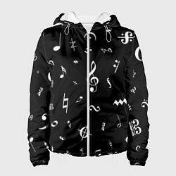 Куртка с капюшоном женская Нотные Знаки Белые на Черном, цвет: 3D-белый