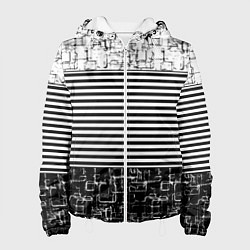 Куртка с капюшоном женская Черно-белый комбинированный абстрактный с полосаты, цвет: 3D-белый