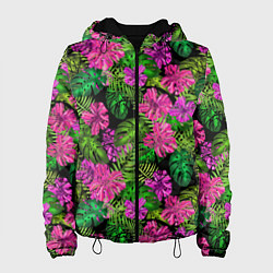 Куртка с капюшоном женская Тропические листья и цветы на черном фоне, цвет: 3D-черный