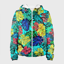 Куртка с капюшоном женская Тропические растения на бирюзовом фоне, цвет: 3D-белый