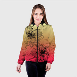 Куртка с капюшоном женская Черные абстрактные цветы на красно-желтом градиент, цвет: 3D-черный — фото 2