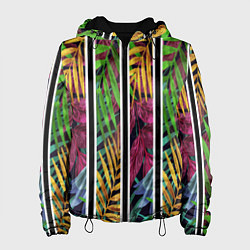 Куртка с капюшоном женская Пальмовые цветные полосы, цвет: 3D-черный