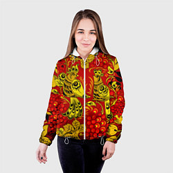 Куртка с капюшоном женская Хохломская Роспись Две Птици На Красном Фоне, цвет: 3D-белый — фото 2