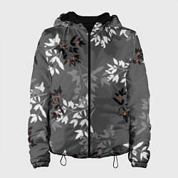 Куртка с капюшоном женская Черные и серые ветки с красными ягодами на темно-с, цвет: 3D-черный