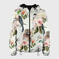Куртка с капюшоном женская Цветы Нарисованные Магнолии и Птицы, цвет: 3D-черный