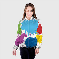 Куртка с капюшоном женская Цветные кляксы на белом фоне, цвет: 3D-белый — фото 2