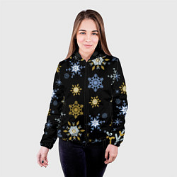 Куртка с капюшоном женская Новый год снежинки на чёрном фоне, цвет: 3D-черный — фото 2