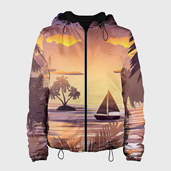 Куртка с капюшоном женская Лодка в море на закате возле тропических островов, цвет: 3D-черный
