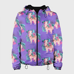 Женская куртка Розовая альпака с тропическими листьями и цветами