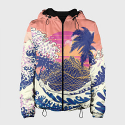 Куртка с капюшоном женская Ретро дизайн большие волны, пальмы и абстрактные г, цвет: 3D-черный