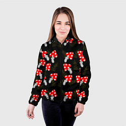 Куртка с капюшоном женская Мухоморы на черном фоне, цвет: 3D-черный — фото 2