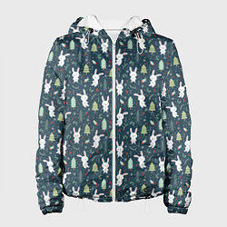 Куртка с капюшоном женская Новогодний паттерн, год кролика, цвет: 3D-белый