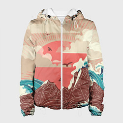 Куртка с капюшоном женская Большие океанские волны и скалистый остров на зака, цвет: 3D-белый