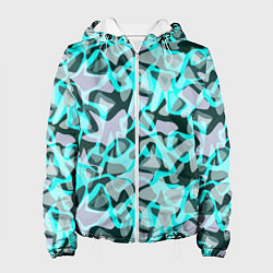 Куртка с капюшоном женская Пятнистый абстрактный узор серый с бирюзовыми лини, цвет: 3D-белый